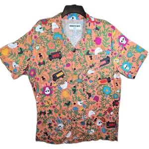 Roberto Lugo Floral Skulls Trucks Printed Rayon Button Down Shirt L